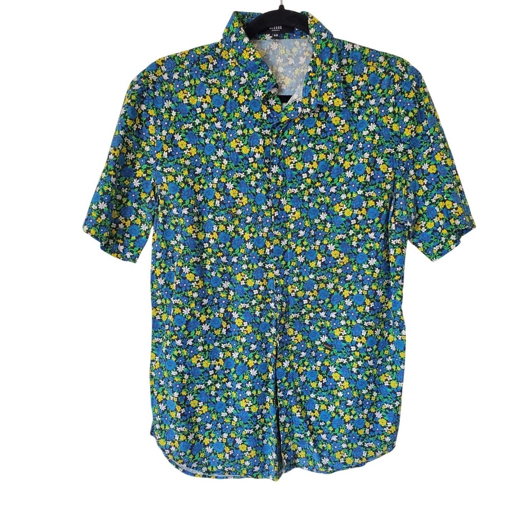 Versus Versace Designer Floral Short Sleeve Button Down Top Blue Yellow Italy 48